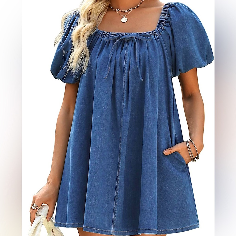 Blue Denim Puff Sleeve Dress